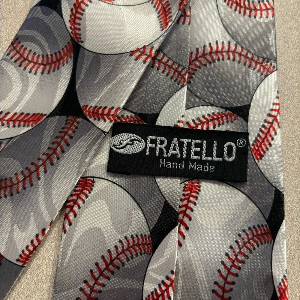 Fratello Hand Made Baseball Patterned Satin Tie Gray and Red